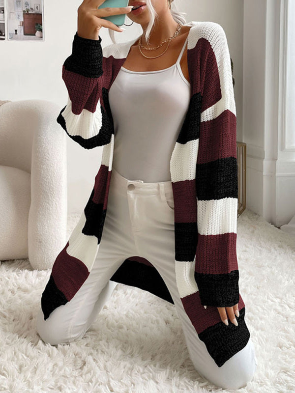 Women's Fashion New Arrival Long Buttonless Colorblock Sweater Jacket Wine Red