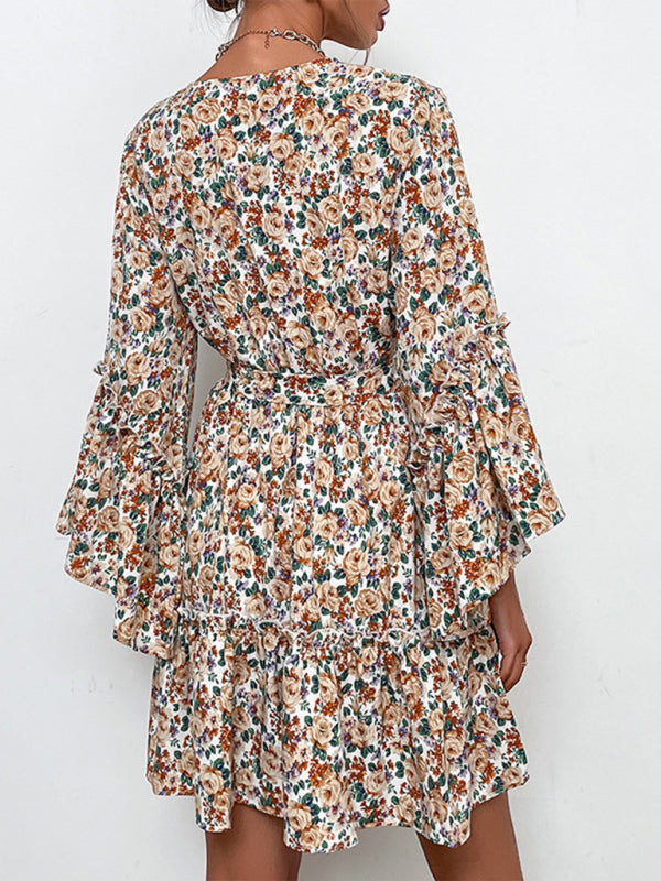 V-neck printed long-sleeved early autumn dress