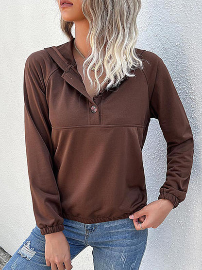 New women's long-sleeved solid color hooded sweater Coffee