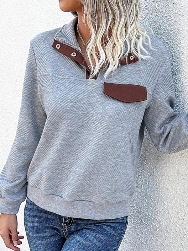 New women's long-sleeved lapel open button solid color sweater Misty grey