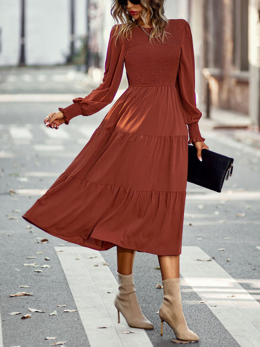 Elastic waist mid-length dress for casual vacation Brown