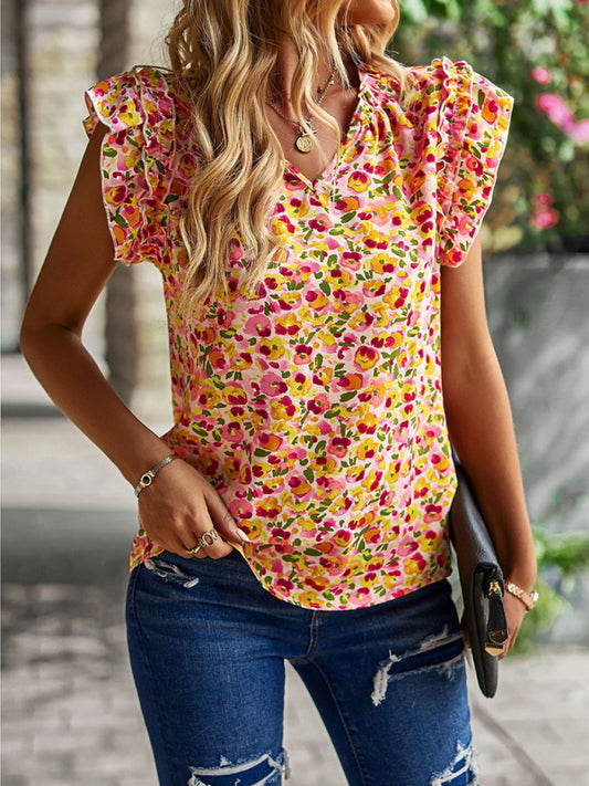 V-neck ruffled floral temperament top Pink