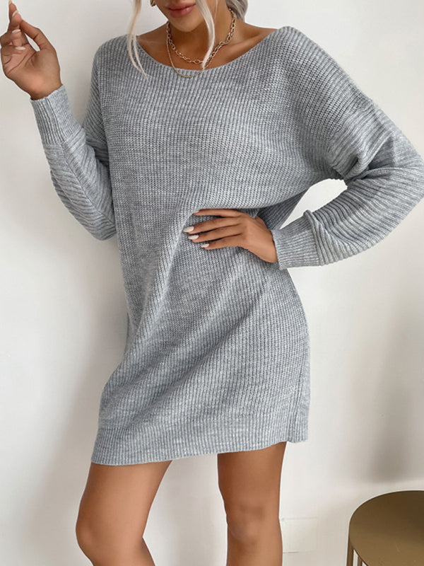 Fashion Ladies Loose Gray Long Sleeve Long Sweater Dress