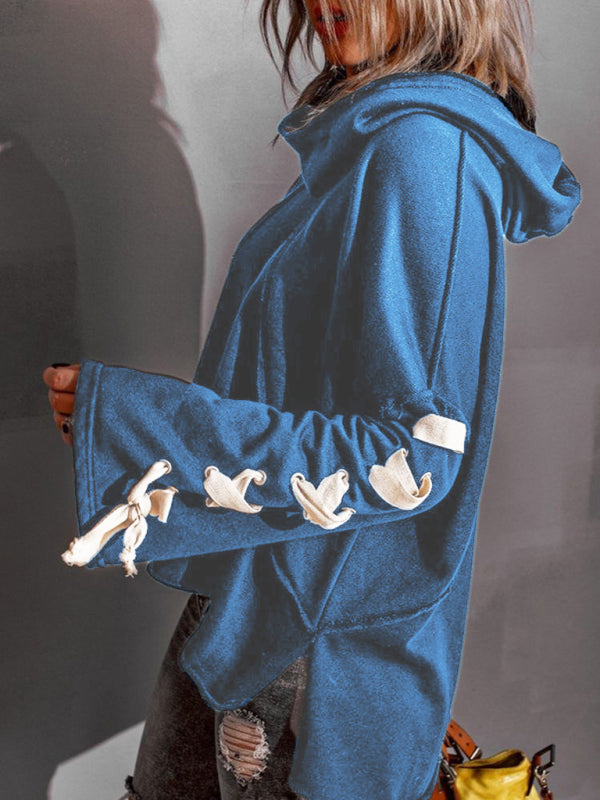 Women's autumn and winter cotton niche design bandage · Oversized hooded pile neck sweater