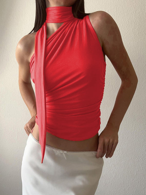 Casual all-match slim-fit one-shoulder streamer design solid color sleeveless vest top Orange