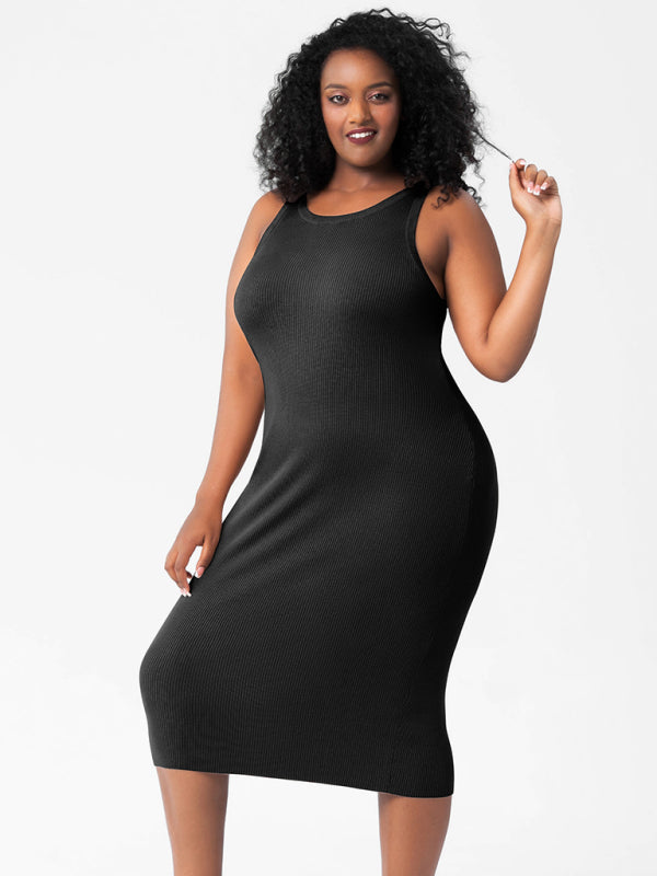 New fat mm round neck vest bottoming tight hip knit dress