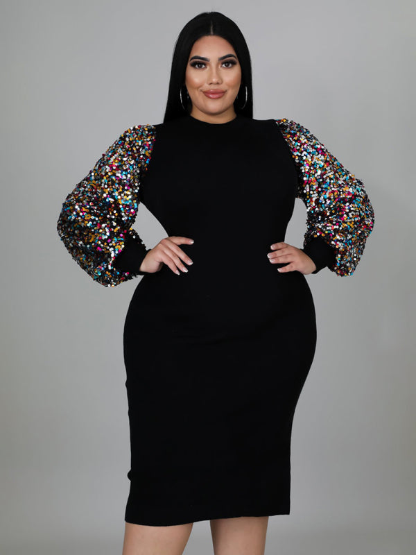 New Plus Size Ladies Sexy Solid Color Sequin Puff Sleeve Dress Black