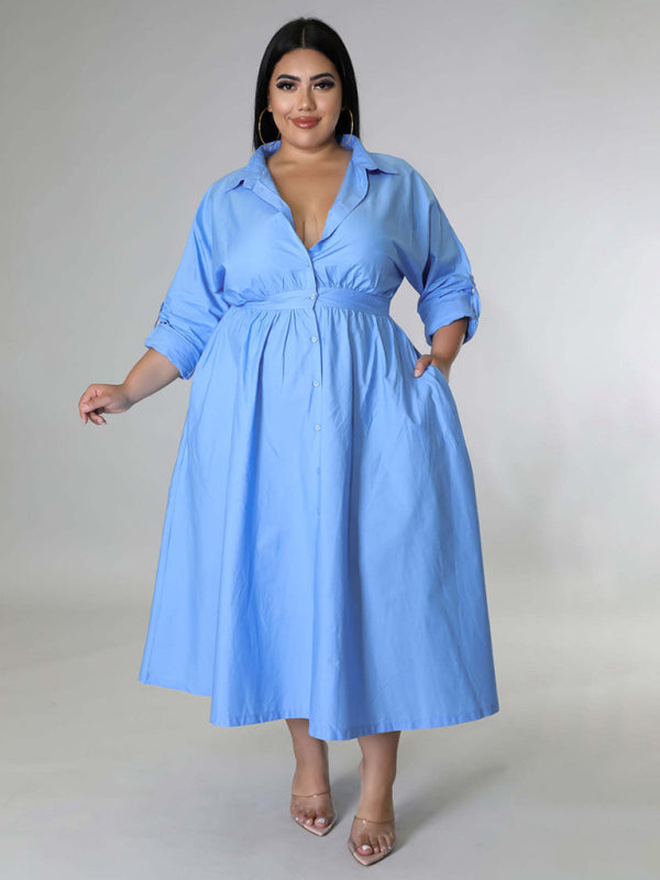 New plus size women's solid color long-sleeved shirt dress