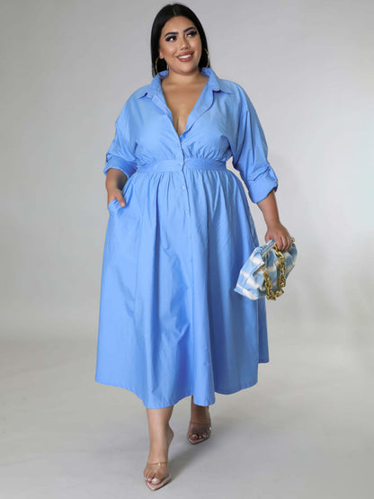 New plus size women's solid color long-sleeved shirt dress Blue