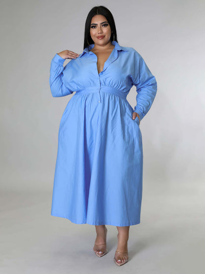 New plus size women's solid color long-sleeved shirt dress