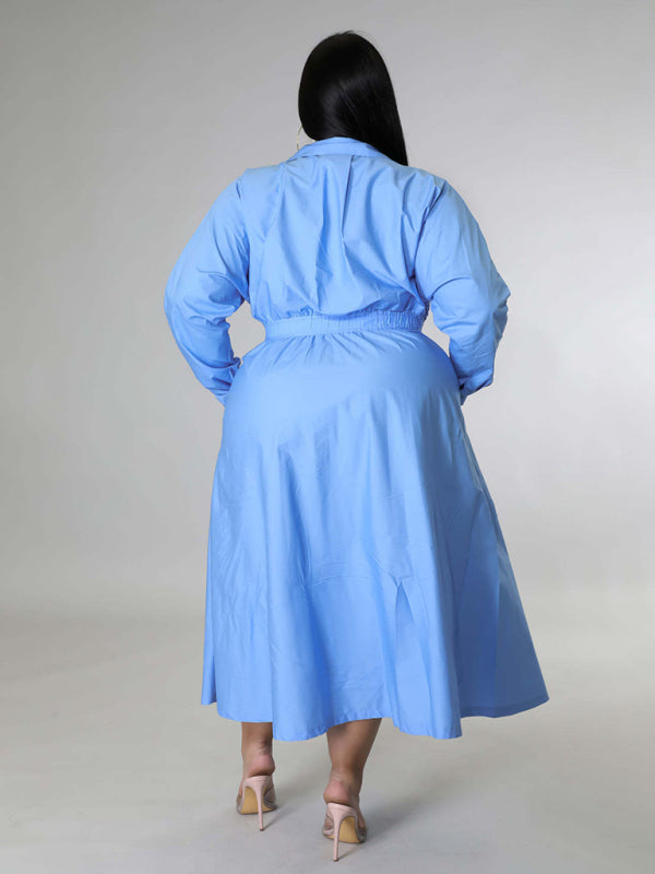 New plus size women's solid color long-sleeved shirt dress