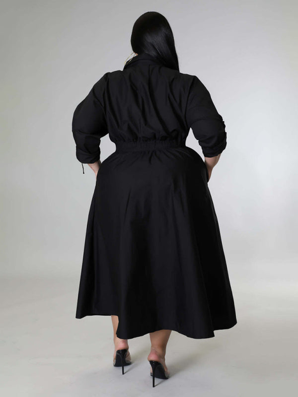 New plus size women's solid color long-sleeved shirt dress