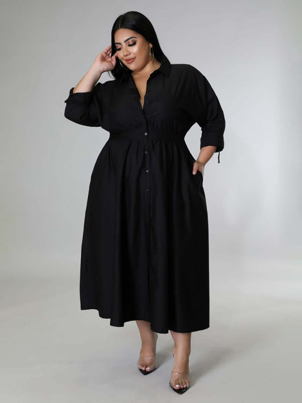 New plus size women's solid color long-sleeved shirt dress