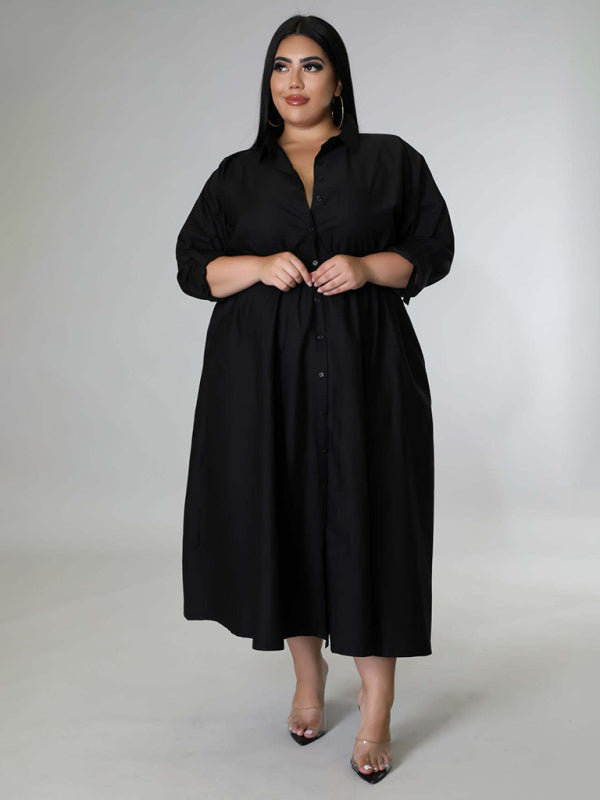 New plus size women's solid color long-sleeved shirt dress Black