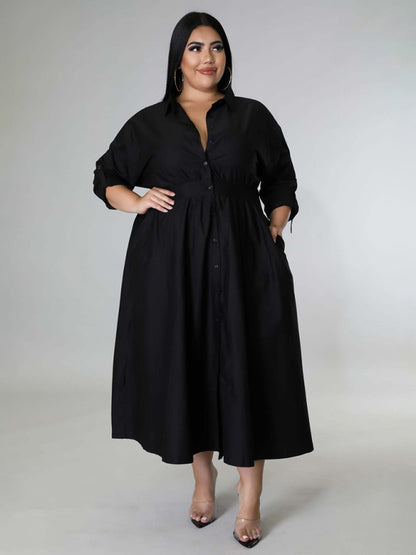 New plus size women's solid color long-sleeved shirt dress