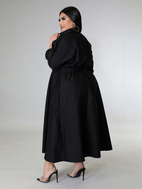 New plus size women's solid color long-sleeved shirt dress