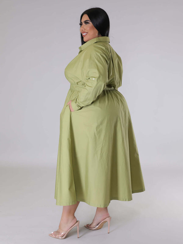 New plus size women's solid color long-sleeved shirt dress