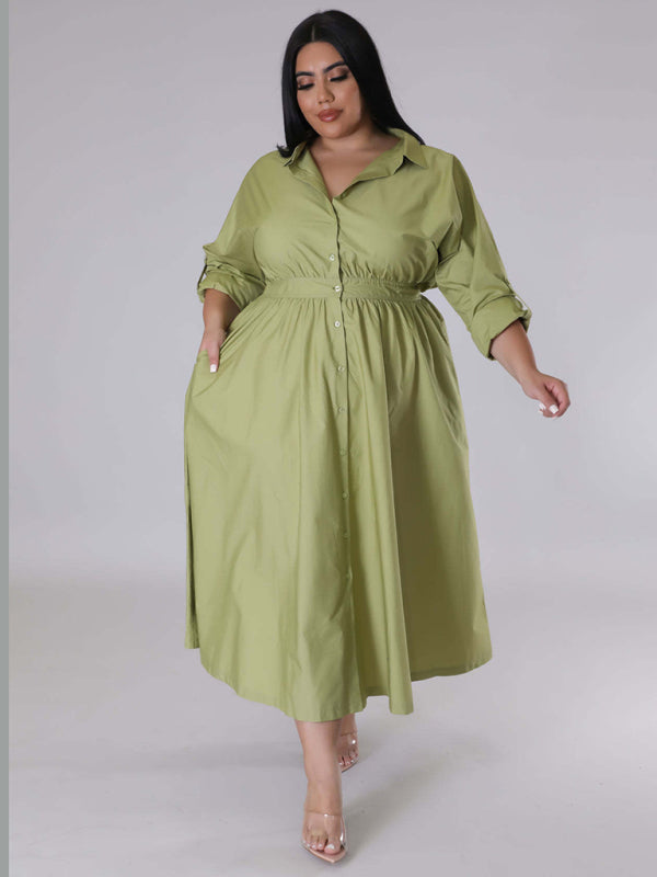 New plus size women's solid color long-sleeved shirt dress Green