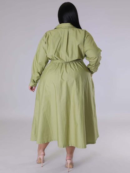 New plus size women's solid color long-sleeved shirt dress