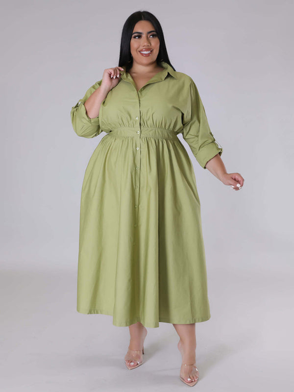 New plus size women's solid color long-sleeved shirt dress