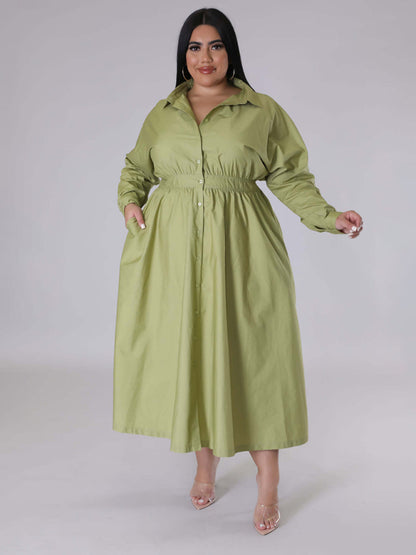 New plus size women's solid color long-sleeved shirt dress