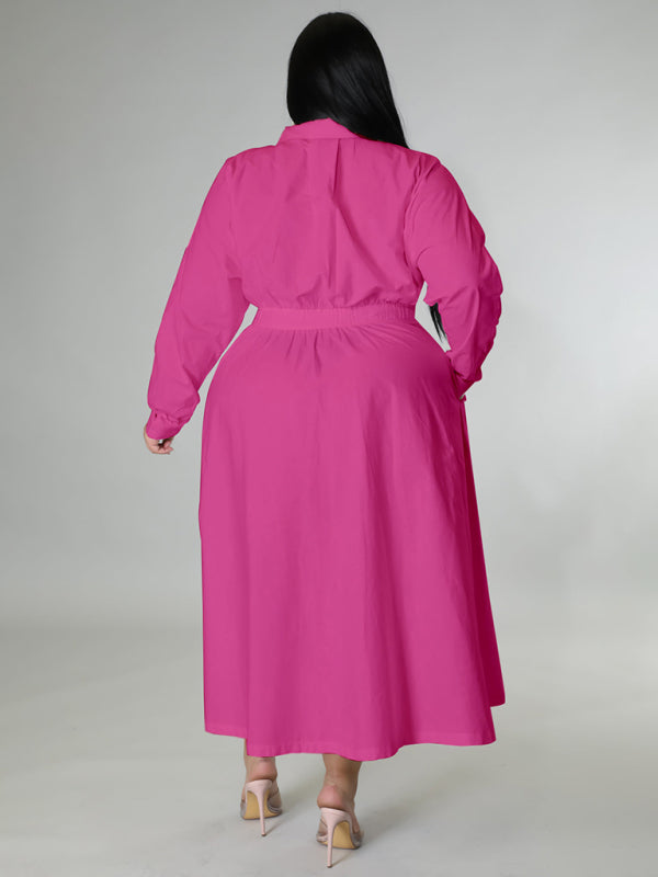 New plus size women's solid color long-sleeved shirt dress