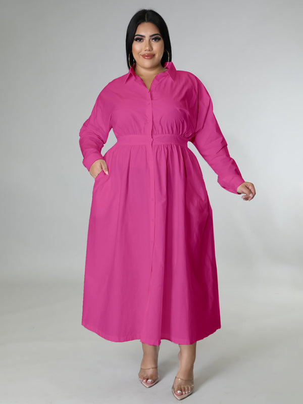 New plus size women's solid color long-sleeved shirt dress Rose