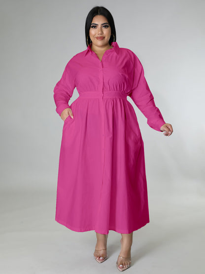 New plus size women's solid color long-sleeved shirt dress Rose