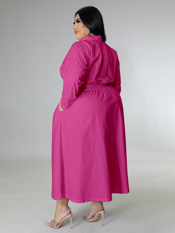 New plus size women's solid color long-sleeved shirt dress