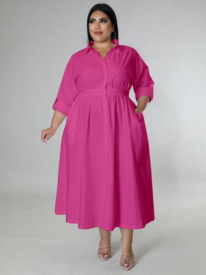 New plus size women's solid color long-sleeved shirt dress