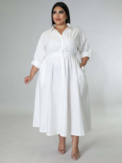 New plus size women's solid color long-sleeved shirt dress