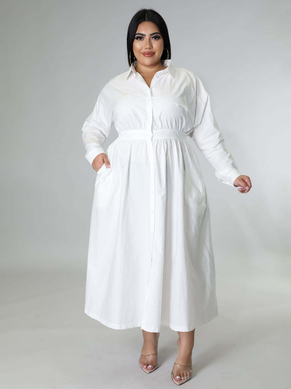 New plus size women's solid color long-sleeved shirt dress White