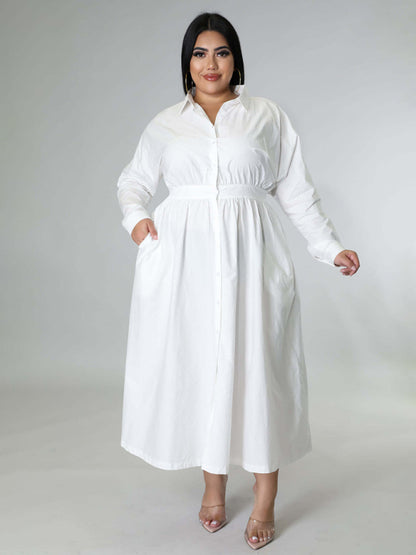 New plus size women's solid color long-sleeved shirt dress White