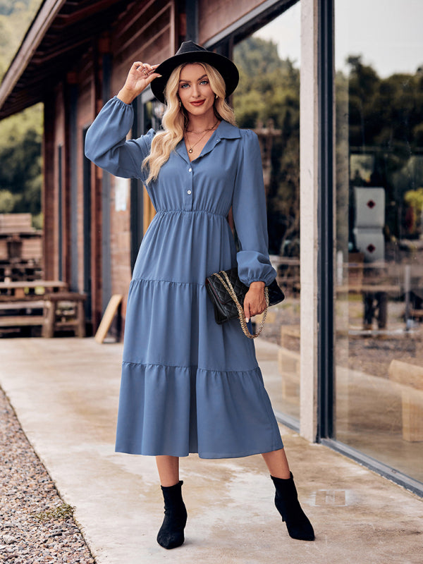 Casual Shirt Collar Button Waist Long Sleeve Dress