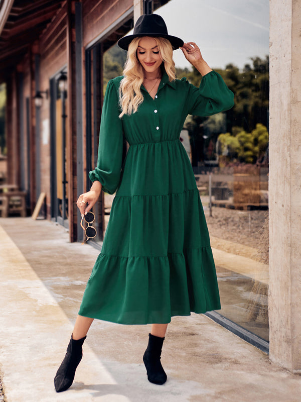 Casual Shirt Collar Button Waist Long Sleeve Dress Green