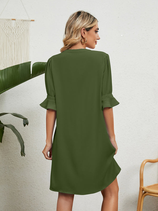 New solid color V-neck loose gathered five-quarter sleeve dress