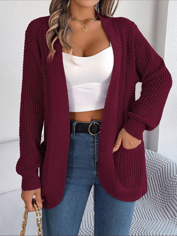 Casual Pocket Long Sleeve Knitted Cardigan Jacket Wine Red