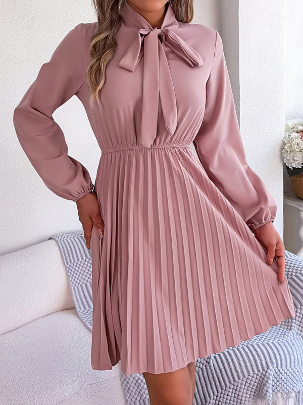 Autumn and winter temperament tie waist long sleeve pleated skirt