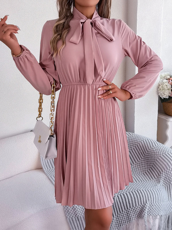 Autumn and winter temperament tie waist long sleeve pleated skirt