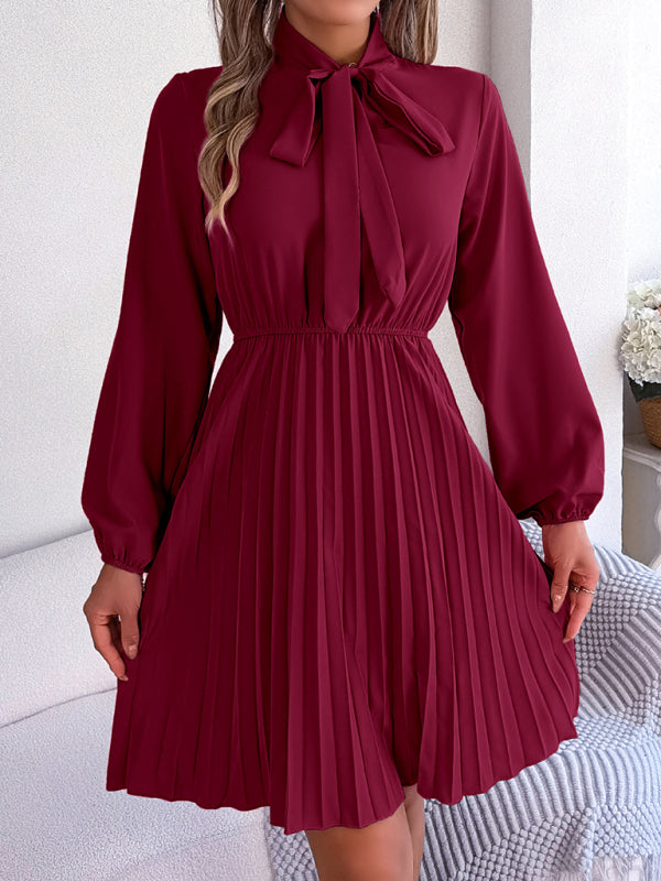 Autumn and winter temperament tie waist long sleeve pleated skirt