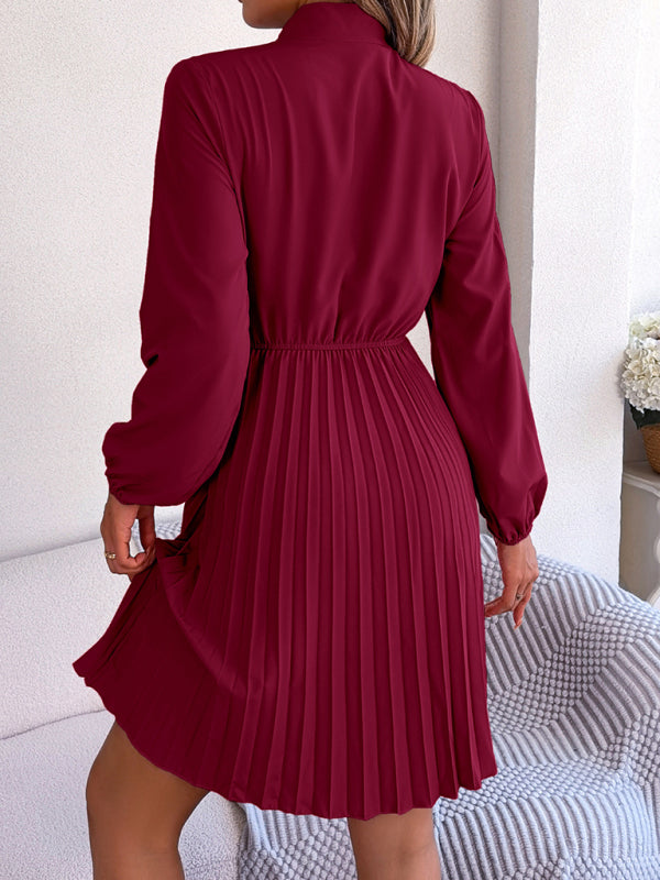 Autumn and winter temperament tie waist long sleeve pleated skirt