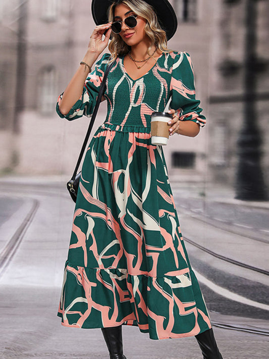 Fashion Ladies Printed Long Sleeve Dress Green