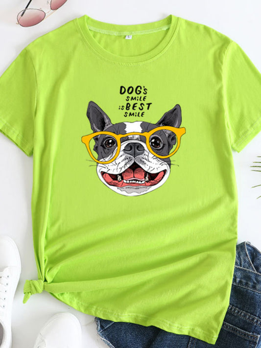 New puppy print round neck short sleeve T-shirt Chartreuse