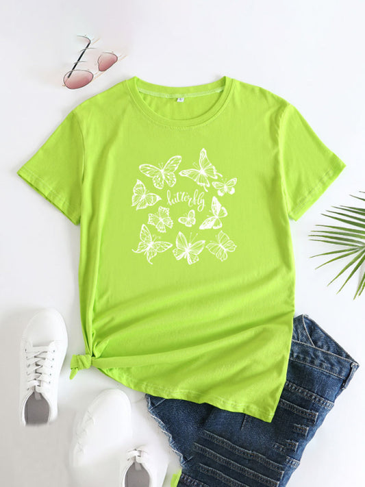 Women's Butterfly Print Round Neck Short Sleeve T-Shirt Chartreuse