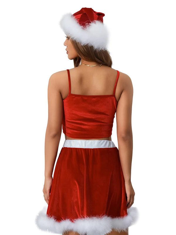 Off-the-Shoulder Christmas Red Suspender Feather Skirt with Hat