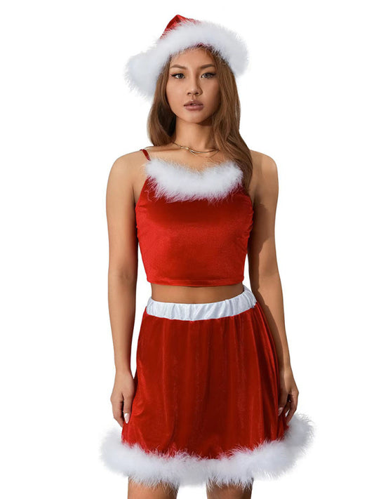 Off-the-Shoulder Christmas Red Suspender Feather Skirt with Hat Red