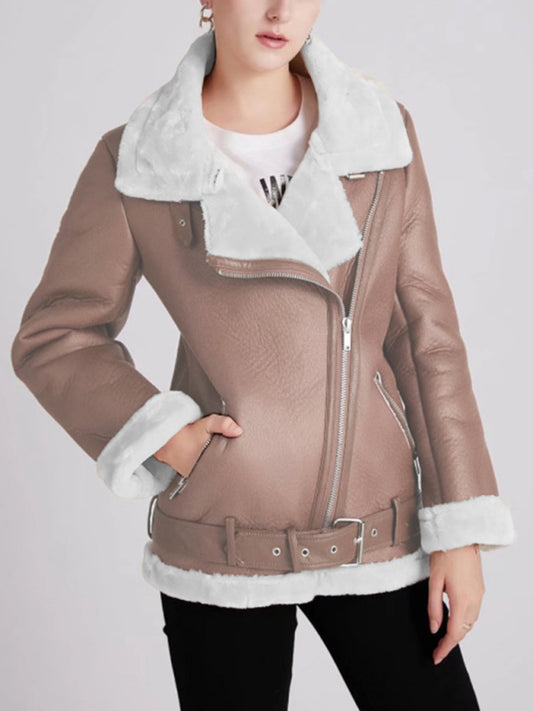 New women's street fashion motorcycle style fur coat Brown