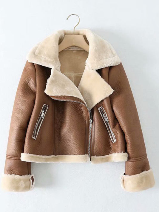 New women's street fashion motorcycle short fur coat Brown