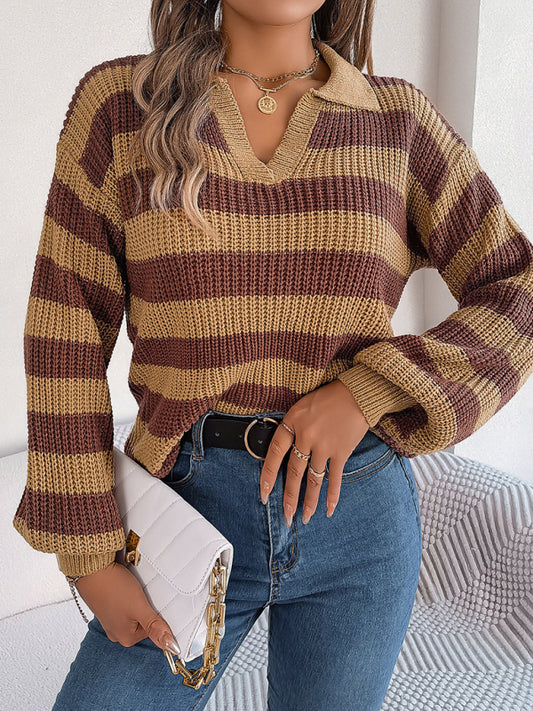 Women's Casual Lapel Collar Contrast Stripe Long Sleeve Knit Pullover Khaki