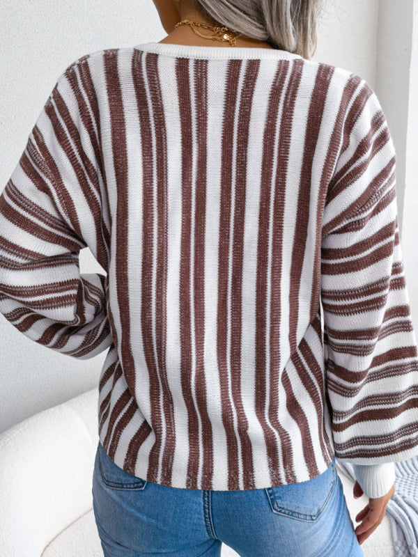 Women's Color Contrast Striped Lantern Sleeve Pullover Sweater Brown